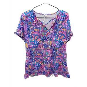 NEW LULU-B women's paisley tie neck short sleeve top in multi bright